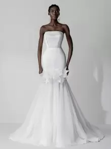 SHEIN Belle Elegant White Satin Simple Strapless Collar Floral Contrast Mesh Fishtail Train Back Adjustable Tie Wedding Dress, Bride - White - View 1