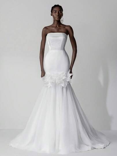SHEIN Belle Elegant White Satin Simple Strapless Collar Floral Contrast Mesh Fishtail Train Back Adjustable Tie Wedding Dress, Bride