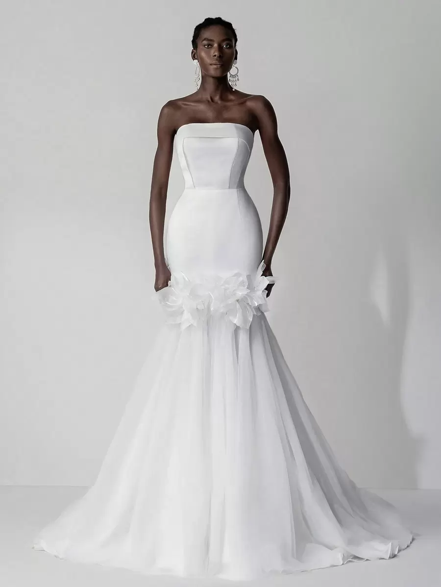 SHEIN Belle Elegant White Satin Simple Strapless Collar Floral Contrast Mesh Fishtail Train Back Adjustable Tie Wedding Dress, Bride - White - View 1