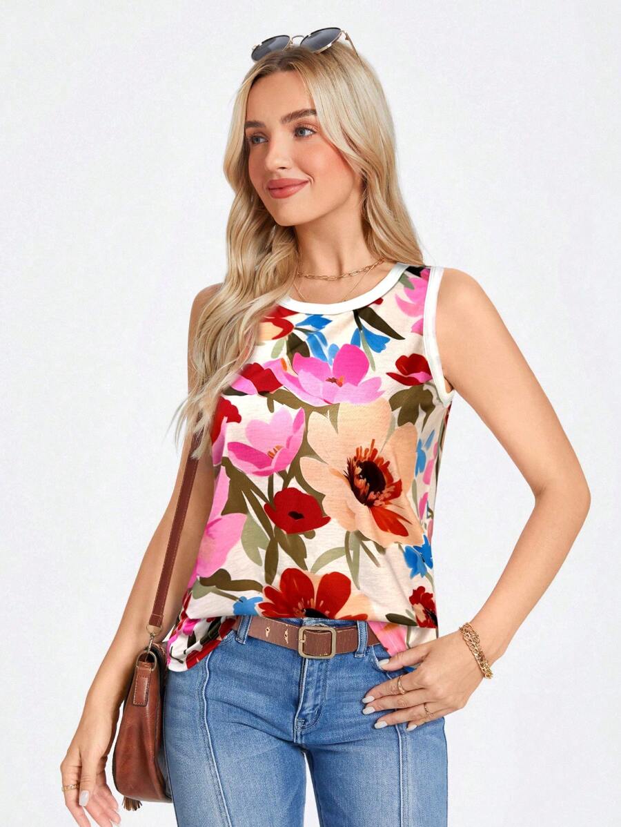 SHEIN LUNE 休闲花卉印花圆领针织T恤，适合日常穿着，夏季 - 粉色 - 查看 1