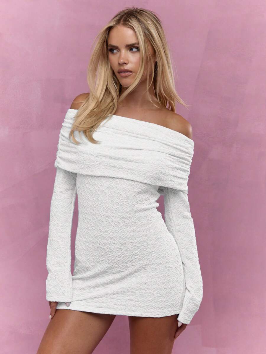 MISSGUIDED Off Shoulder Mini Textured Draped Party Club Bodycon Long Sleeve Winter Fall Holiday Night Out Special Occasion Mini Dress - White - View 1
