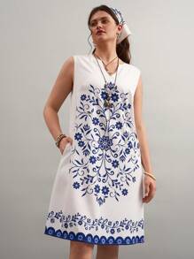 SHEIN LUNE Vestido de línea A sin mangas hasta la rodilla con estampado floral retro de talla grande, para looks bohemios de primavera, festivales y rave. Conjunto de loungewear para vacaciones de verano, ropa de mujer de estilo "old money", atuendos de mujer para el Día de San Patricio y Pascua, y para country concerts y conciertos de primavera.