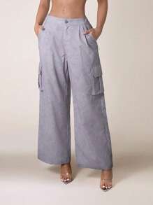 Zolique Pantalones sueltos y casuales con bolsillo y botones frontales para uso diario, estilo años 90 - Gris - Ver 1