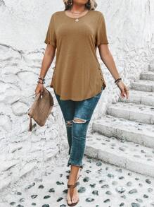 SHEIN Clasi Plus Size Casual Solid Color Short Sleeve Curved Hem T-Shirt - Camel - View 7