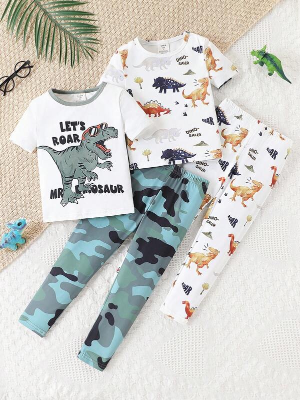 SHEIN 4 Piece Set Young Boy Comfortable Pajamas, Funny Dinosaur Camo Print Outfit, Cute/Vintage/Playful Basic Casual, Suitable For Any Occasion, Spring/Summer, Home, Snug Fit Short Sleeve T-Shirt And Pants Pajama Set, Top And Bottom, Feels Like Skin/Buttery Soft/Ultra-Soft/Comfortwear/Silky Soft, Snug Fit Loungewear Boy Clothes Set Infant Boy Clothes Boy Clothes Sets Boy Clothes For Toddlers Boys Clothes Set Roar, Dinosaur