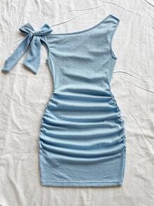 Soleia 女式度假针织纹理细肩带蝴蝶结后背蓝色紧身连衣裙