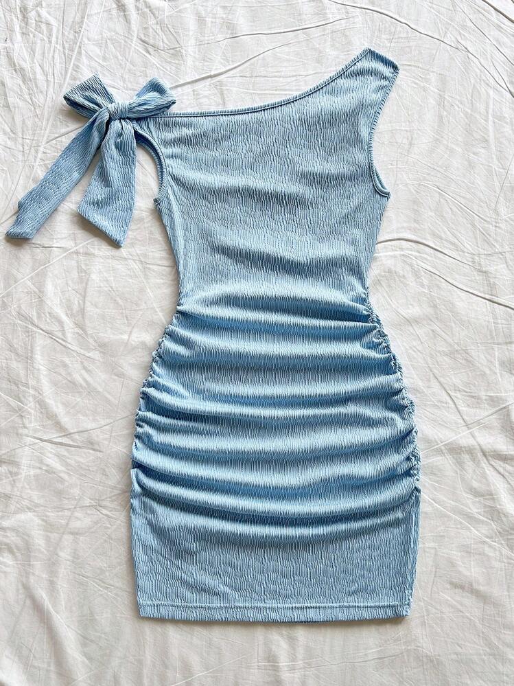 Soleia Vestido ajustado azul con estampado de textura de punto, tirantes tipo espagueti y lazo en la espalda para mujer, ideal para vacaciones - Azul - Añade 2