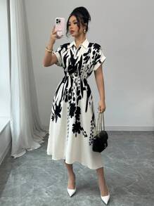 Rafferiza 女士蝙蝠袖衬衫领系腰花卉印花连衣裙 - 彩色 - 查看 3