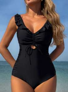 Swim Lushoire Women's One-Piece Swimsuit With Drawstring Chest, Hollow Sides, And Ruffle Trim, Black, Beach & Leisure Wear For Summer Beach Vacation
