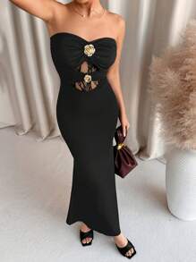 SHEIN Clasi Robe maxi sirène élégante avec patchwork en dentelle ajourée et boucle métallique décorative