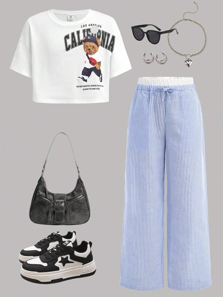 Tween Girls 2pcs Set: Striped Loose Wide Leg Pants And Oversized Short Sleeve T-Shirt With Letter Print - White - View 1