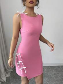 Elenzga Women's Sleeveless Bowknot Woven Mini Dress, Fitted Style, Summer - Black - View 5