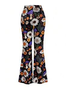 SHEIN LUNE Plus Size Women Plant Floral Print Figure-Hugging Flared Pants