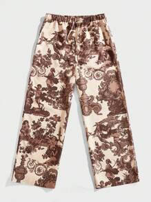 Forever 21 男士休闲超宽松蓝白宫廷风阔腿长裤 - 棕色 - 查看 1