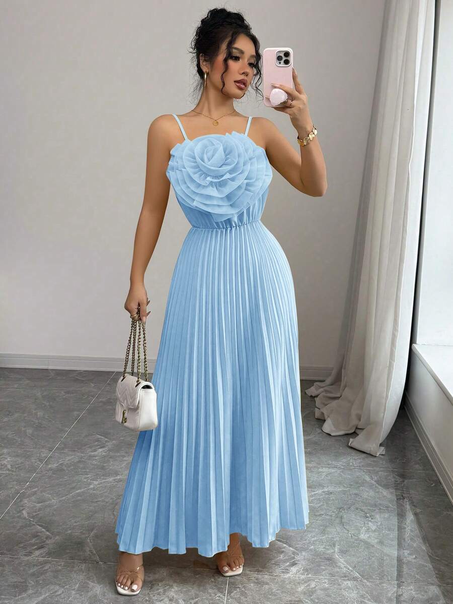 Rafferiza 法式优雅花卉贴花收腰 A 字形连衣裙，黄色，女士，春夏 - 淺藍色 - 查看 1