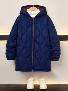Tween Boys' Quilted Hooded Mid-Length  Coat, Suitable For Commuting, School, Casual, College And Sports, Fits For Autumn And Winter Seasons