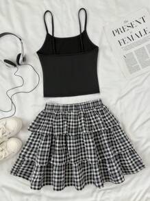 SHEIN Nastolatki Dziewczęcy Prosty Dzianinowy Top Na Ramiączkach I Wielowarstwowa Kraciasta Spódnica Tortowa Casual 2 Częściowy Zestaw