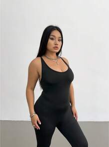 SHEIN MOOSTA Adjustable Strap Fitted Elastic Knit Black Jumpsuit, Long Style For Plus Size Women, European And American Style - Black - View 3