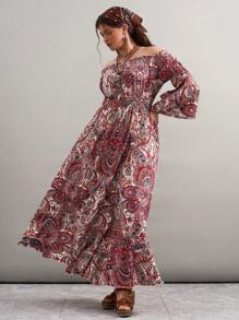 SHEIN VCAY Vestido de manga larga con hombros descubiertos, talla grande, para usar de vacaciones - Multicolor - Ver 4