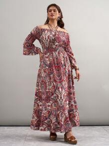 SHEIN VCAY Vestido de manga larga con hombros descubiertos, talla grande, para usar de vacaciones - Multicolor - Ver 3