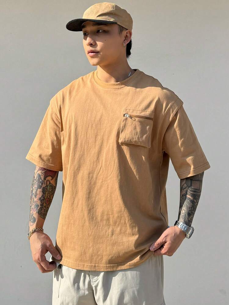 Khaki Outdoor Style Men's T-Shirt With 3D Pockets, Summer