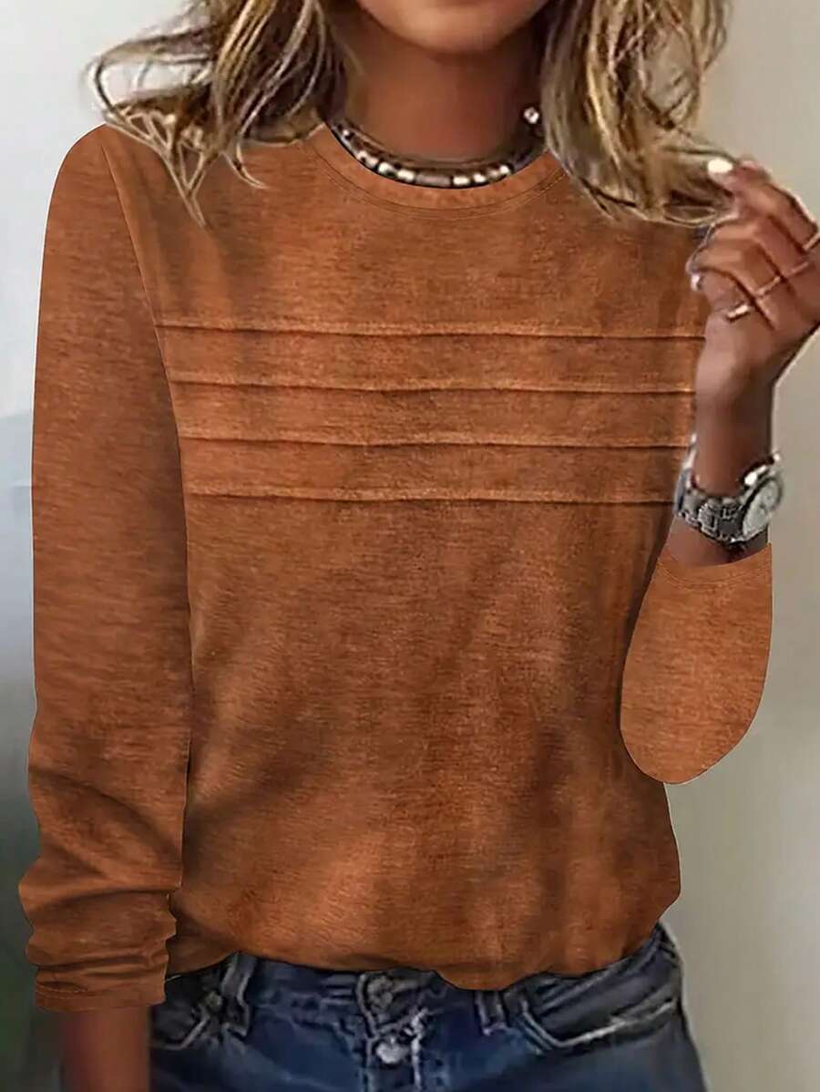 Casual Solid Color Crew Neck Long Sleeve Top, Spring & Autumn - Burnt Orange - View 1