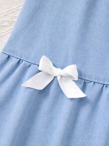 女童牛仔连衣裙带蝴蝶结装饰，夏季可爱小女孩宝宝公主裙，时尚夏装 - 淺色水洗藍 - 查看 6