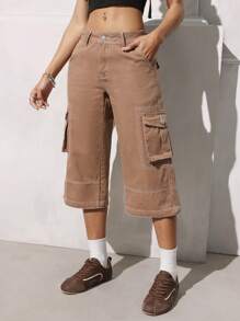 SHEIN EZwear Women's Casual Low-Waist 3/4 Cargo Denim Pants - Brown - View 5