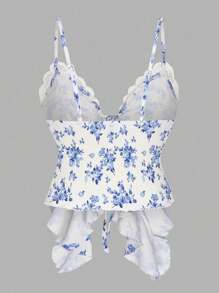 SHEIN Unity 1 Pc Plus Size Summer Deep V Floral Trim Asymmetric Hem Cami Top - Multicolor - View 2