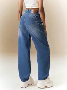 Poéselle 女式宽松口袋翻边阔腿牛仔裤，百搭 - 霧霾藍 - 查看 2