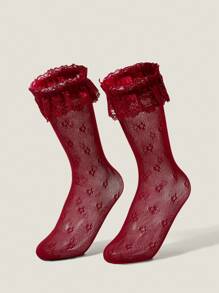 Muvela 优雅复古红色蕾丝女式中筒袜