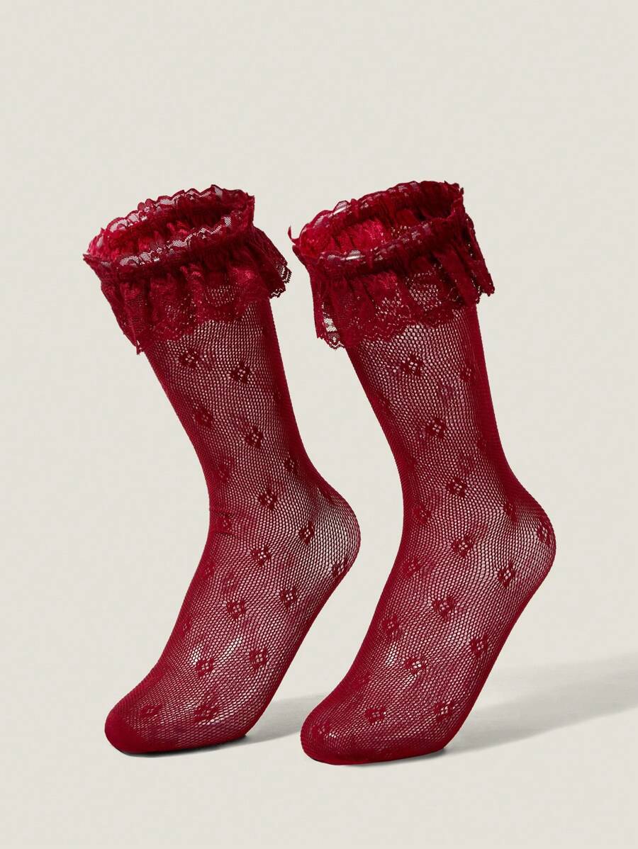Muvela 优雅复古红色蕾丝女式中筒袜