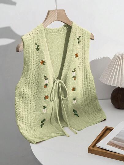 Sweetra Autumn/Winter Bowknot Khaki V-Neck Embroidered Vintage Knit Cardigan Vest