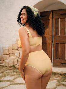 SHEIN Swim Mod 大码女式 2 件套宽肩带格子蝴蝶结装饰高腰比基尼泳装套装，适合海滩度假