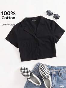 SHEIN EZwear Notched Collar Buttoned Front Blouse - Black - View 1