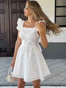 Pariaura 法式休闲度假纯色荷叶边镂空印花后背带女士迷你连衣裙