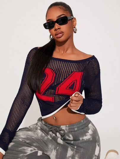 SHEIN SXY Top de manga larga con estampado numérico de bloques de color informal deportiva con diseño calado