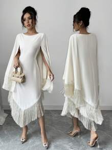 Chiquease Elegant Women's Music Festival Tassel Trim Waist Long Sleeve Dress - Apricot - View 1