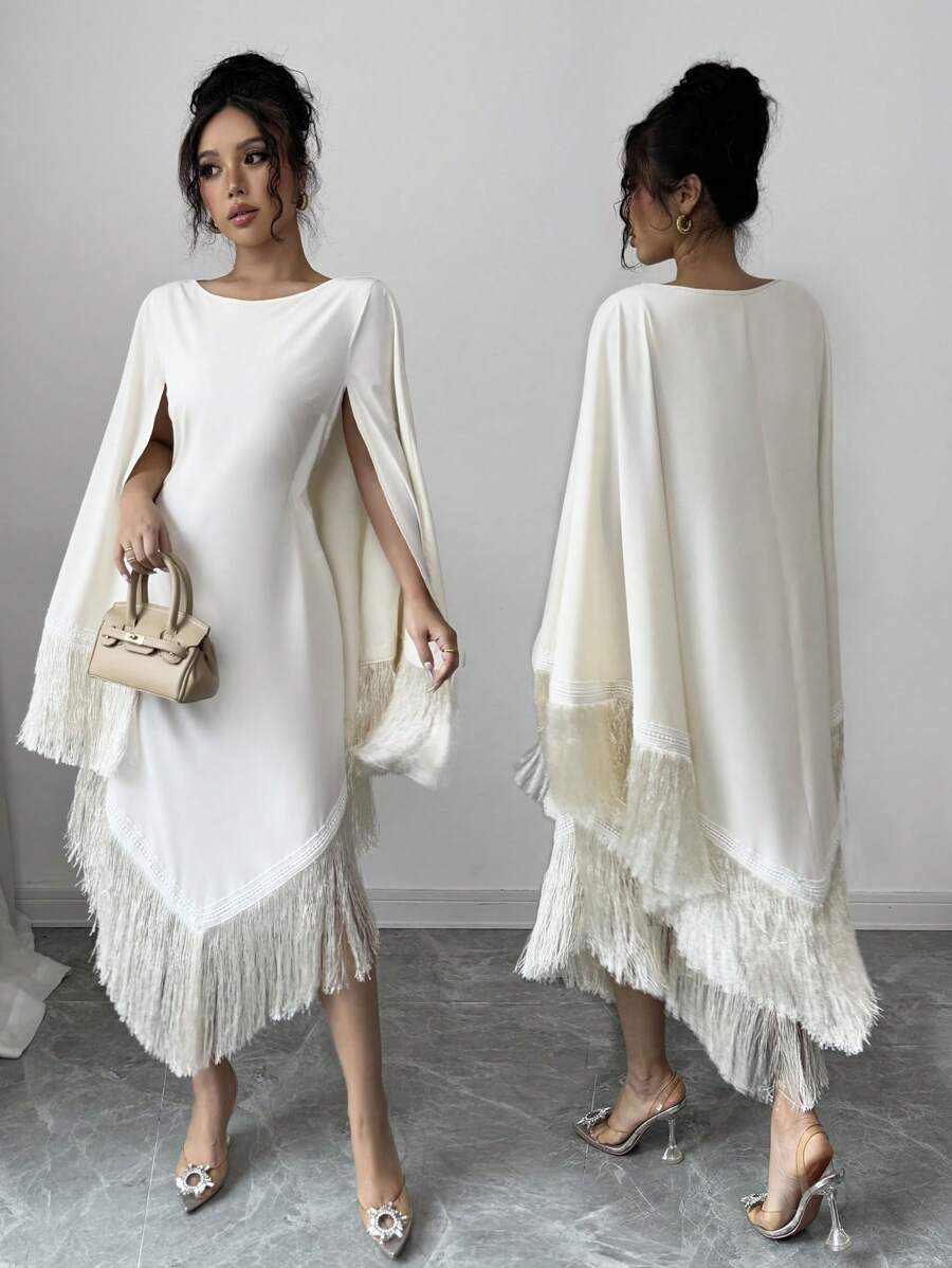 Chiquease Elegant Women's Music Festival Tassel Trim Waist Long Sleeve Dress - Apricot - View 1