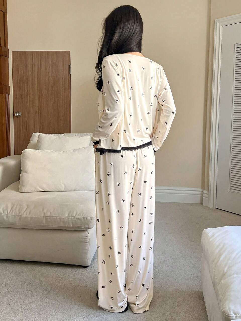 3pcs/Set Bow Allover Print Colorblock Lace Patchwork Camisole Top & Robe And Pants Sleepwear Pajama Set, Spring, Fall Winter Clothes