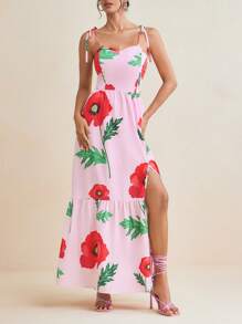 BELANGE HANDMADE Designer Women's Pink Floral Print Tie-Up Shoulder Straps Slit Ruffle Hem Long Sundress, Valentine's Day Date Party Spring Summer Dress, Concert Outfit, Rave Outfits Pastel, Prom Dress, Brunch Outfits, Tea Party Dress, For Festival, Spring Break