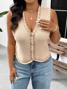 SHEIN Frenchy Plus Size Knit Top For Women, Summer Crochet Button Up Knit Vest, Aesthetic Sleeveless Top In Fall/Winter - Apricot - View 5