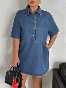 SHEIN EZwear Plus Size Casual Short Sleeve Mini Denim Dress, Blue,Blue,Suitable For Parties, Holidays, Dates, Valentine's Day, Afternoon Tea, Summer / Summer Outfits / Summer Clothes,Year-Round,For Spring/Summer Holiday,Suitable For Summer,Blue Summer,Vacation Outfits Woman,Easter,Spring,Western,Office Outfits For Women,Rave Outfits,Baby Shower Dress,Cottagecore,Country Outfits Women,Old Money Style Women,Going Out Outfits, ,Festival Outfits,Rodeo Outfit,Airport Outfit For Women,Kpop,Tropical Vacation Woman Clothes,Nashville Outfits,European Summer,Concert,Cowgirl Outfit,Graduation Outfit,Beach Outfits For Woman,Vacation Outfits Women,Beach,Boho Women Clothing,Cruise Attire Women,Old Money Style Women,Ibiza Outfits,Boho Chic,Dresses For Women Elegant,Beach Dress,Graduation Dress,Vacation Dress,Easter Dress,Sundress