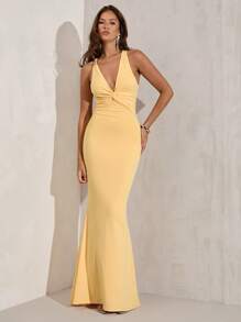 SHEIN BAE Women's Elegant Party Solid Color Twist Back Halter Fishtail Dress