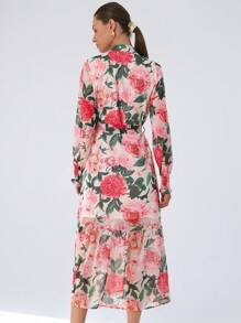 Aveloria Modichic 优雅通勤立领雪纺花卉印花拼色褶皱腰前扣长袖连衣裙 - 彩色 - 查看 5