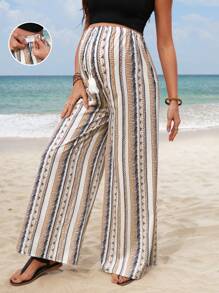 SHEIN Maternity Adjustable Waist Striped Wide Leg Casual Pants - Multicolor - View 1