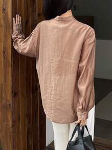 FRIFUL 女士橙色宽松休闲纽扣衬衫，商务休闲风格，春夏长袖上衣 - 橘色 - 查看 5