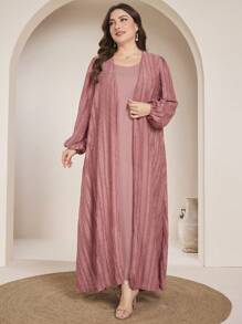2pcs Plus Size Women Arabic Style Set: Minimalist Jacquard Long Sleeve Loose Cardigan And Solid Crew Neck Sleeveless Loose Casual Dress, Spring/Summer - Dusty Pink - View 5