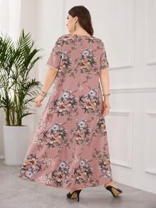 Lacomfia 休闲花卉印花荷叶边短袖宽松连衣裙，常规款式，大码，春夏 - 彩色 - 查看 2