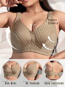 Sujetador inalámbrico para mujer de talla grande, con decoración de lazo, esponja suave y ajustable, de tejido jacquard ondulado y suave y cómodo - Albaricoque - Ver 1